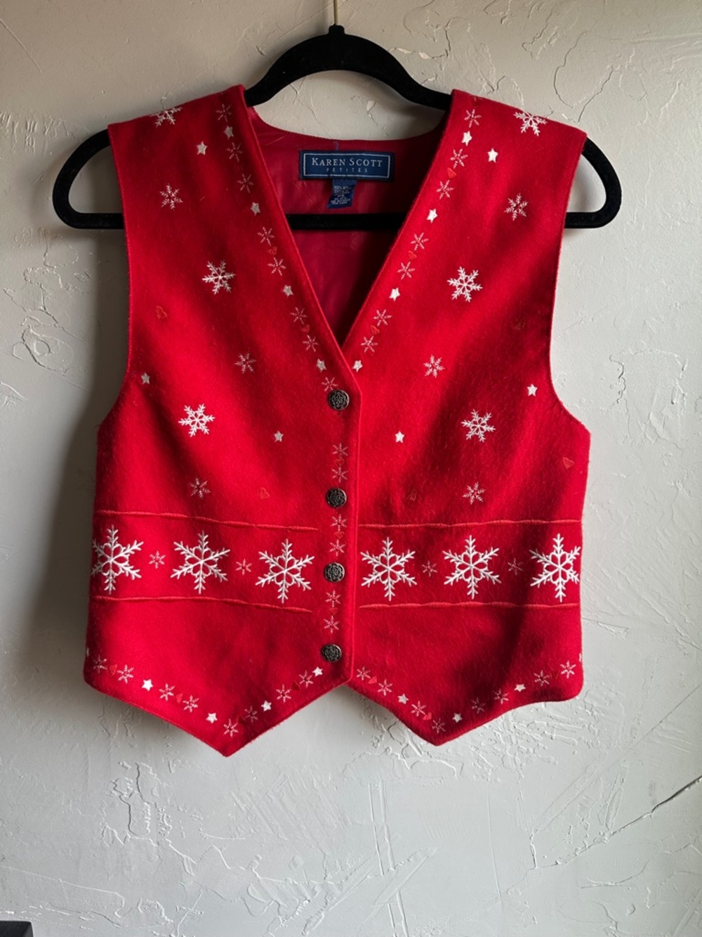 Vintage Karen Scott Snowflake Embroidered‎ Wool Feel Vest Coquette Holiday Sz S
